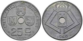 БЕЛЬГИЯ 25 САНТИМОВ 1946 BELGIQUE-BELGIE, ГЕРМАНСКАЯ ОККУПАЦИЯ, ВТОРАЯ МИРОВАЯ ВОЙНА KM 131 цинк 177-1033