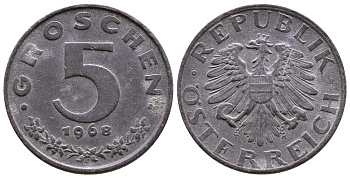 АВСТРИЯ 5 ГРОШЕЙ 1968 КМ 2875 цинк 4379-548