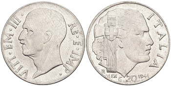 ИТАЛИЯ 20 ЧЕНТЕЗИМО 1941 R, ГОД XIX, ВИКТОР ЭММАНУИЛ III (1900-1946) KM 75b, VEM3. 1028 нержавеющая сталь 3853-1022