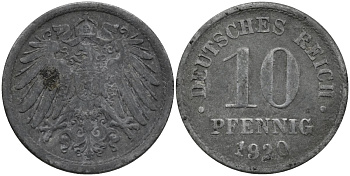 Германия 10 пфеннигов 1920 KM 26 цинк 4171-253