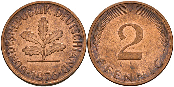 ФРГ 2 пфеннига 1976 J J.381a, KM 106a сталь плакированная медью    4598-832