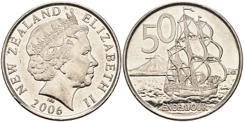 Новая Зеландия 50 центов 2006 Елизавета II (1952-2022), парусник Индевор KM 119а никелированная сталь 4579-1045