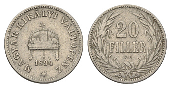 Венгрия 20 филлеров 1894 KB, Франц Иосиф I (1848-1916) KM 483 никель 4665-1039