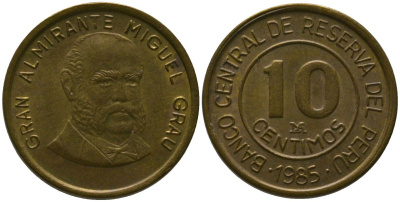 Перу 10 сентимо 1985 LIMA, Мигель Грау Семинарио KM 293, Schon 94 латунь 4532-728