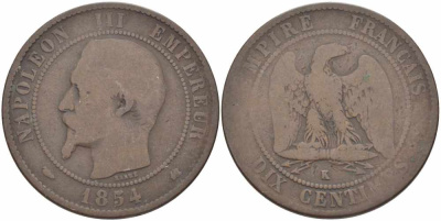 ФРАНЦИЯ 10 САНТИМОВ 1854 K, НАПОЛЕОН III (1852-1870) KM 771.5, LE FRANC 133.15 бронза 38-931