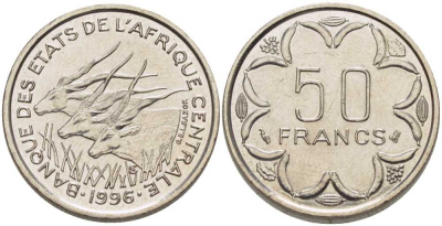 ВАЛЮТНЫЙ СОЮЗ СТРАН ЦЕНТРАЛЬНОЙ АФРИКИ 50 ФРАНКОВ 1996 Cocoa bean KM 11 никель UNC 202-854
