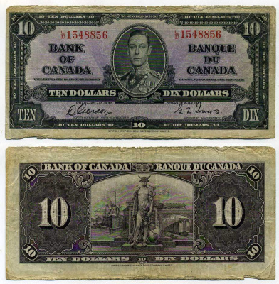 КАНАДА 10 ДОЛЛАРОВ 1937 ГЕОРГ VI, ПОДПИСЬ GORDON-TOWERS, BABNC Pick 61b бумага 7204-34-2
