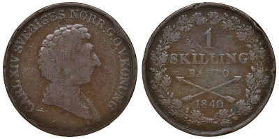 Швеция 1 скиллинг 1840 Карл XIV Юхан (1818-1844) KM 642 медь 4112-121