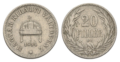 Венгрия 20 филлеров 1894 KB, Франц Иосиф I (1848-1916) KM 483 никель 4665-1039