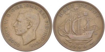 Великобритания 1/2 пенни 1946 Георг VI (1936-1952) KM 844, Spink 4115 бронза 213-914