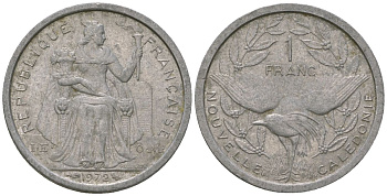 Французская Новая Каледония 1 франк 1972 птица кагу, (IEOM) KM 10, Schoen 10, Lec 38 алюминий    51-447