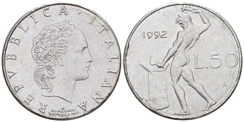 ИТАЛИЯ 50 ЛИР 1992 R, КУЗНЕЦ KM 95.2 нержавеющая сталь 214-544