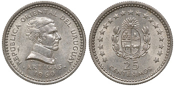 Уругвай 25 сентесимо 1960 KM 40 медно-никель 4169-815
