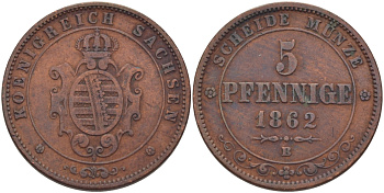 САКСОНИЯ 5 ПФЕННИГОВ 1862 B, ЙОХАНН (1854-1873) KM 1218 медь 28-445