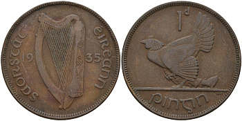Ирландия 1 пенни 1935 курица с цыплятами KM 3 бронза 4144-1133