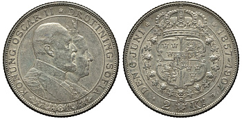 Швеция 2 кроны 1907 Оскар II (1872-1907) король Швеции, золотая свадьба KM 776 серебро 413-6133