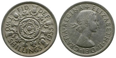 Великобритания 2 шиллинга (флорин) 1955 Елизавета II (1952-2022) KM 906, Spink 4146 медно-никель 4607-846