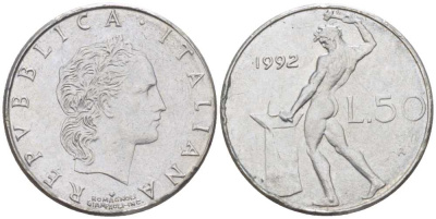 ИТАЛИЯ 50 ЛИР 1992 R, КУЗНЕЦ KM 95.2 нержавеющая сталь 214-544