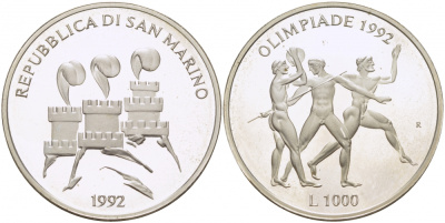 Сан-Марино 1000 лир 1992 XXV летние Олимпийские игры в Барселоне 1992 года, легкая атлетика KM 277 серебро PROOF 1077-9-12