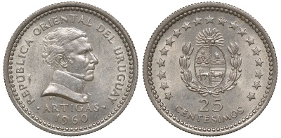 Уругвай 25 сентесимо 1960 KM 40 медно-никель 4169-815