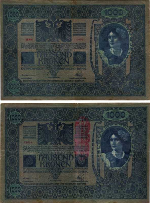 АВСТРИЯ 1000 КРОН 1919 КРАСНАЯ ВЕРТИКАЛЬНАЯ НАДПЕЧАТКА НА 1902 Pick 59 бумага 7205-46-1