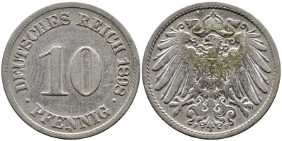 ГЕРМАНИЯ 10 ПФЕННИГОВ 1898 F KM 12, J. 13 медно-никель 87-131