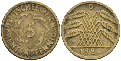 Германия 5 рентенпфеннигов 1924 D KM 32, J. 308 алюминиевая бронза 4151-664