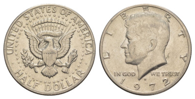 США 1/2 доллара (50 центов) 1972 D, Джон Кеннеди KM 202b медь плакированная медно-никелем aUNC 189-926