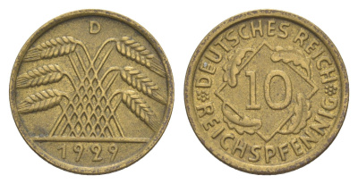Германия 10 рейхспфеннигов 1929 D KM 40, J. 317 алюминиевая бронза 4644-1233