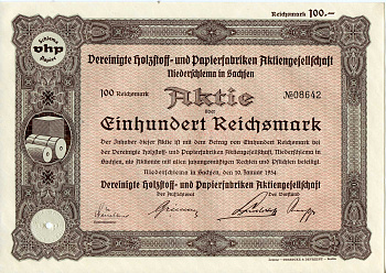 Германия 100 рейхсмарок 1934 АО Объединенные деревообрабатывающие и бумажные фабрики, Нидершлем в Саксонии, акция   бумага  8803-17-1