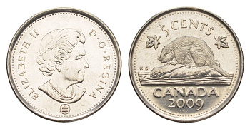 Канада 5 центов 2009 Leaf, Елизавета II (1952-2022), бобр KM 491 сталь плакированная никелем UNC 4636-633