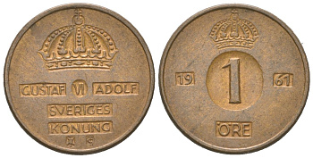 Швеция 1 эре 1961 U, Густав VI Адольф (1950-1973) KM 820 бронза 4618-114