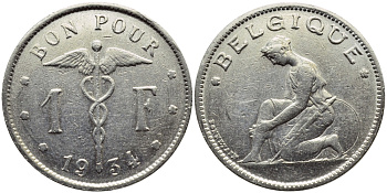 БЕЛЬГИЯ 1 ФРАНК 1934 BELGIQUE KM 89 никель 4393-933