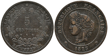 ФРАНЦИЯ 5 САНТИМОВ 1873 К, ТРЕТЬЯ РЕСПУБЛИКА (1871-1940) KM 821.2, LE FRANC 118.9 бронза 34-1217