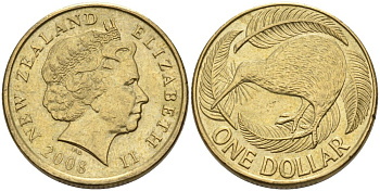 Новая Зеландия 1 доллар 2008 Елизавета II (1952-2022), птица киви  KM 120 алюминиевая бронза 51-1156