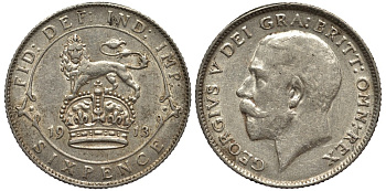 Великобритания 6 пенсов 1913 Георг V (1910-1936) KM 815, Spink 4014 серебро 1517-632