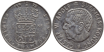 Швеция 1 крона 1973 Густав VI Адольф (1950-1973) KM 826а медь плакированная медно-никелем 4395-313