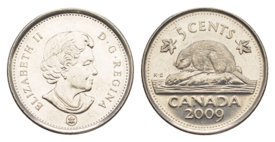 Канада 5 центов 2009 Leaf, Елизавета II (1952-2022), бобр KM 491 сталь плакированная никелем UNC 4636-633