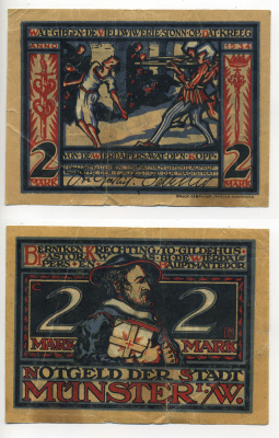 Германия, Мюнстер 2 марки 1921 нотгельд, 1 августа 1921, №3 Anno 1534, Grabowski 916.2a бумага 6317-31-3-1