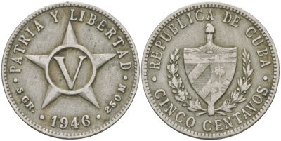 КУБА 5 СЕНТАВО 1946 ЗВЕЗДА, ПЕРВАЯ РЕСПУБЛИКА KM 11.3 медно-никель 98-737