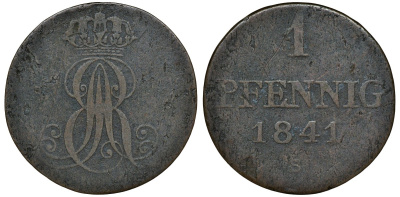 Ганновер 1 пфенниг 1841 S, Эрнст Август (1837-1851) KM 173.3, AKS 128, J. 54 медь 72-1618