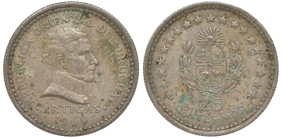 Уругвай 25 сентесимо 1960 KM 40 медно-никель 4532-135