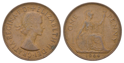 Великобритания 1 пенни 1964 Елизавета II (1952-2022) KM 897, Spink 4157 бронза 4672-445