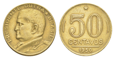 Бразилия 50 сентаво 1950 Эурику Дутра KM 563 алюминиевая бронза 4644-457