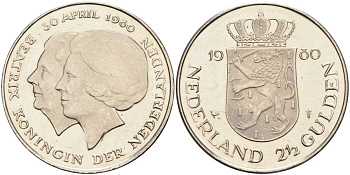 Нидерланды 2 1/2 гульдена 1980 коронация Беатрикс, 30 апреля 1980 KM 201 никель 4593-1033