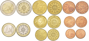 Португалия евронабор из 8 монет 2002 1, 2, 5, 10, 20, 50 евроцентов, 1 и 2 евро KM 210, 211, 212, 247, 248, 249, 250, 251 UNC N6-32