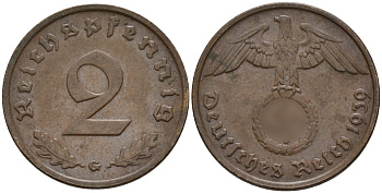 Германия 2 рейхспфеннига 1939 G KM 90, J. 362 бронза 4151-151
