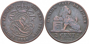 БЕЛЬГИЯ 2 САНТИМА 1846 BELGES KM 4.2 медь 110-534