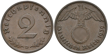 Германия 2 рейхспфеннига 1939 D KM 90, J. 362 бронза 4151-143