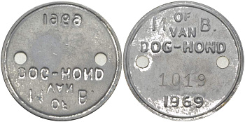 НИДЕРЛАНДЫ СОБАЧИЙ ЖЕТОН 1969 OF VAN DOG-HONG, №1019, ЖЕТОН ОБ УПЛАТЕ ГОДОВОГО НАЛОГА С ВЛАДЕЛЬЦЕВ СОБАК сталь 4517-1134